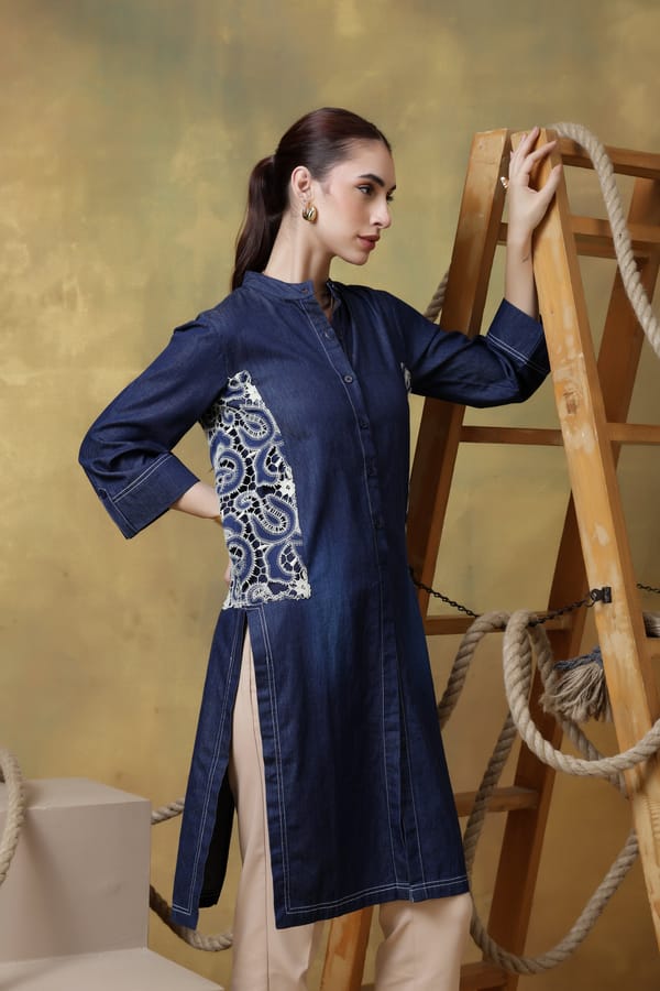 Dark Denim Longline Shirt with Contrast Lace Panels — Rhe-Ana