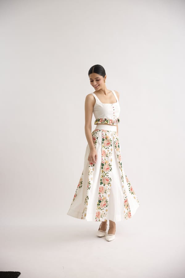 White Floral Crop Top and Midi Skirt Co-ord Set — THE FINICKY COLORIST