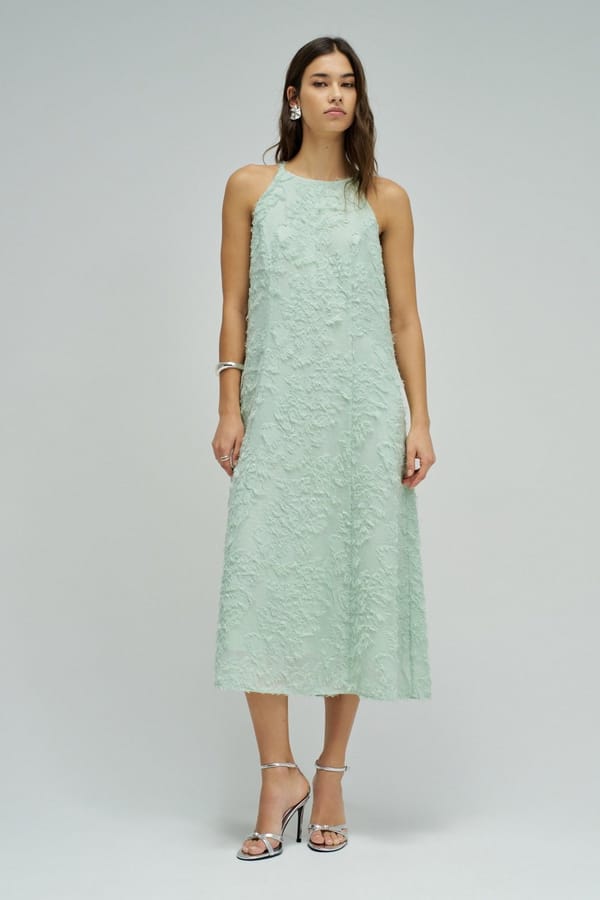 Light Green Textured High Neck A-Line Midi Dress — SALSA JEANS