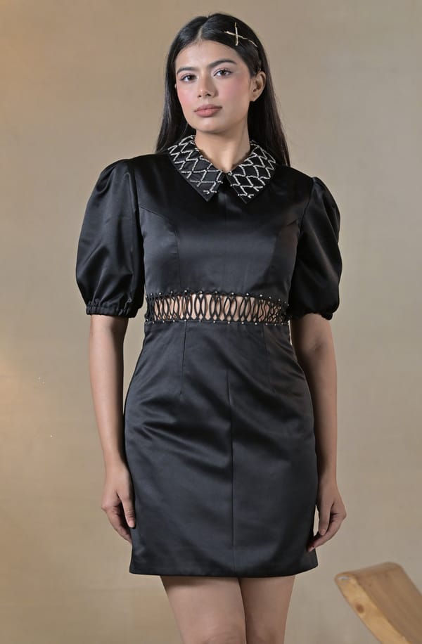 Black Embroidered Mini Dress — OMBRELLO
