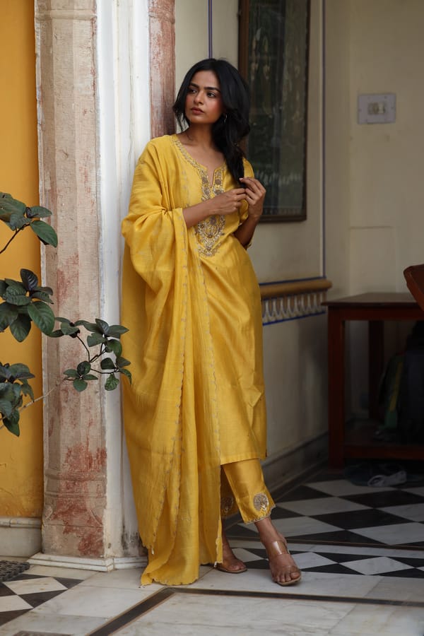Mustard Silk Chanderi Zardozi Kurta Set with Dupatta — Tatwa Designs