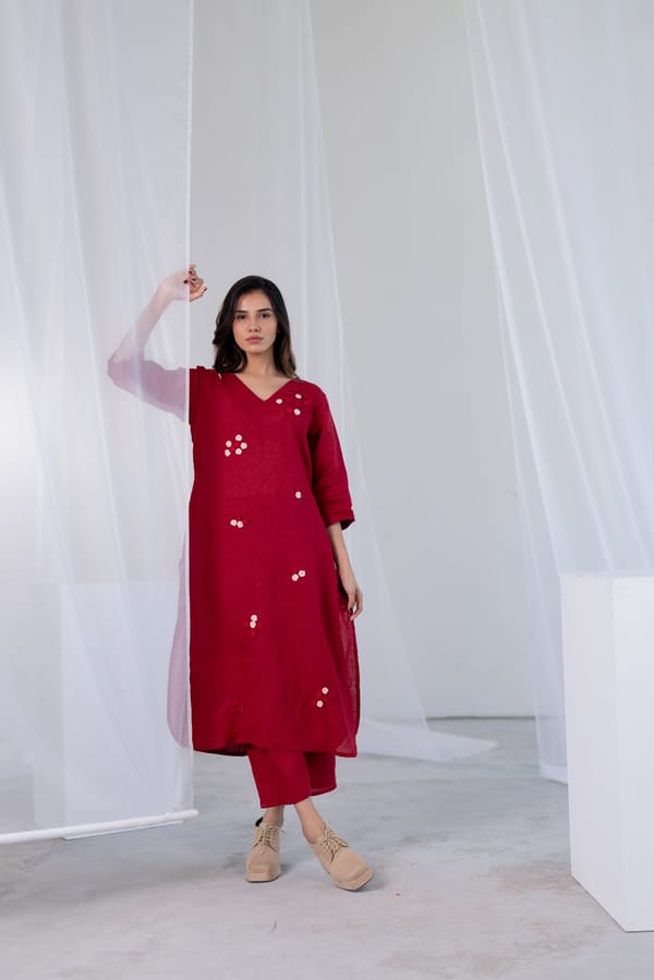 Maroon Linen V-Neck Straight Kurta Set with Crochet Detail — Silai studio
