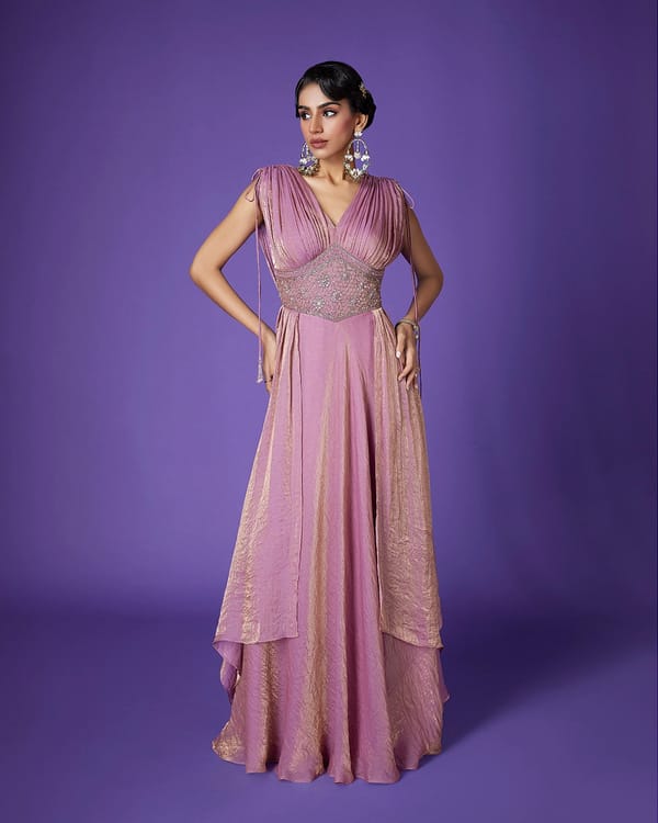 Blush Pink Shimmer Tissue Maxi Gown with Beaded Waist — QUNIC