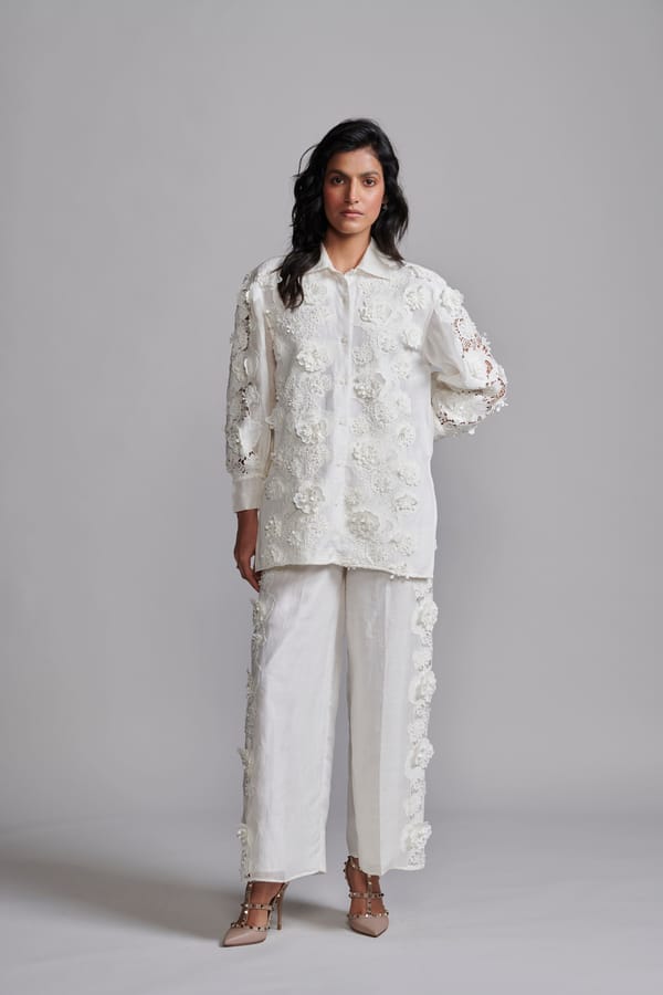Ivory Linen-Silk Lace Applique Relaxed Fit Shirt — Dash and Dot