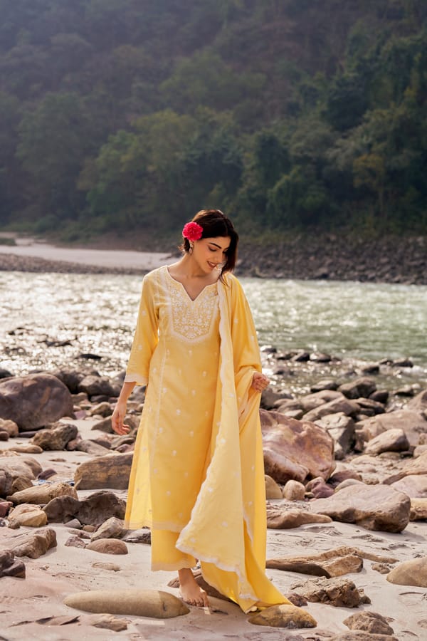 Yellow Cotton Embroidered Straight Kurta Set with Dupatta — NARAYANI VASTRA
