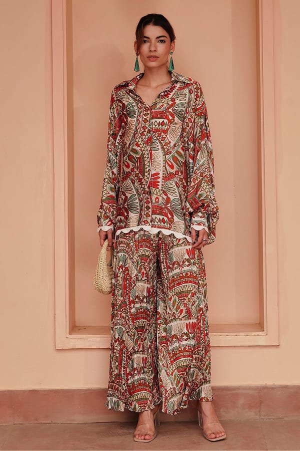 Multicolor Moroccan Print Silk Shirt and Pant Co-ord Set — BOHO-CHIC