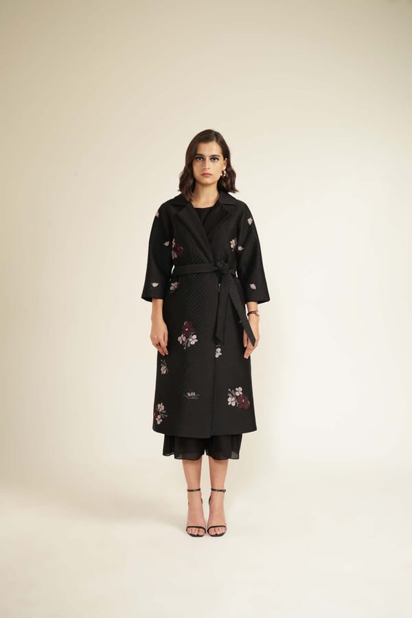 Black Silk Chanderi Jumpsuit Set with Quilted Jacket — Arcvsh Pallavi Singh