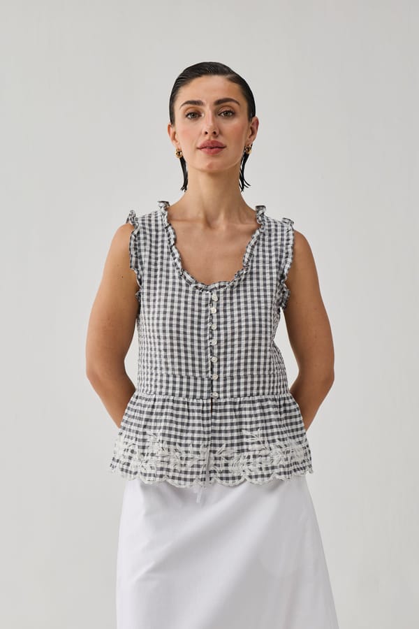 Embroidered Peplum Top in Grey Check — REISTOR
