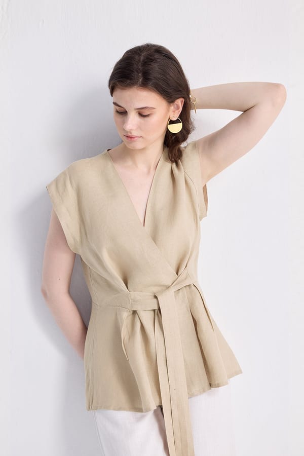 Neutral Beige Hemp Wrap Top with Front Tie — REISTOR
