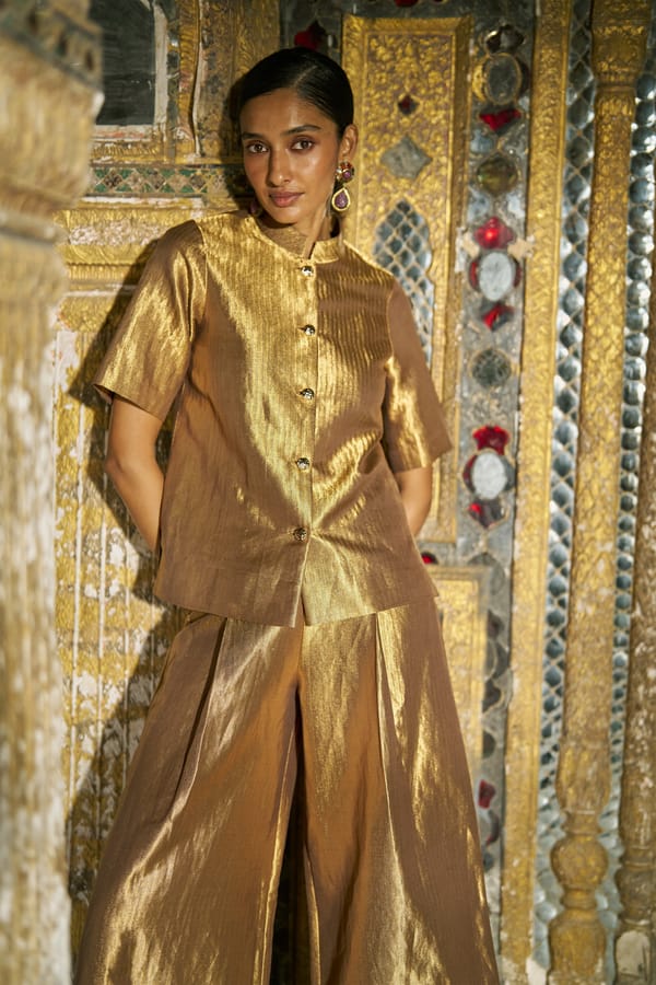Gold Benares Brocade Button-Front Mandarin Collar Top — Dash and Dot