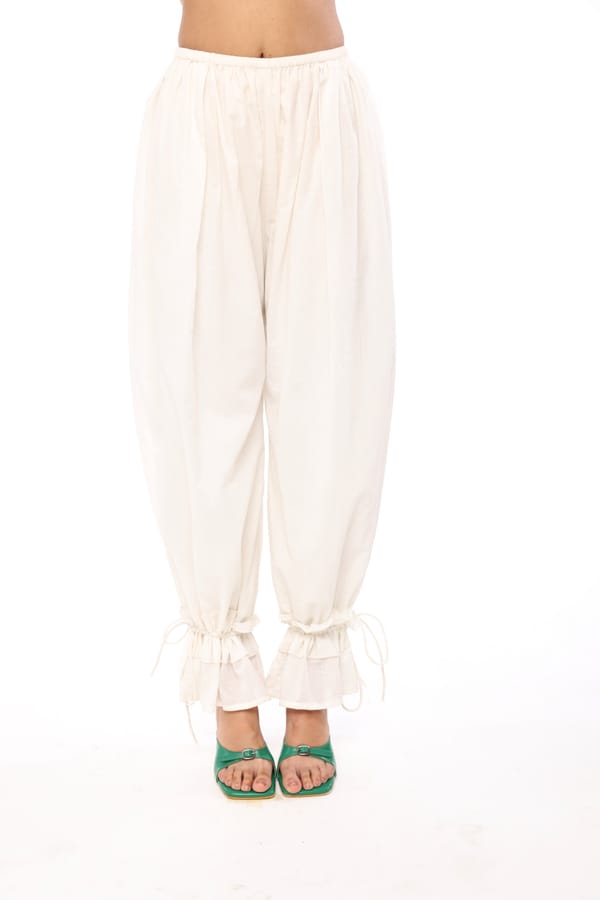 White High-Waist Balloon Trousers with Ruffle Tie-Up Ankles — The Clothing Factory