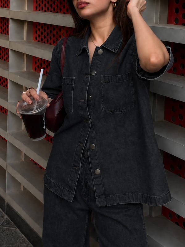 DenimClassic Black Half Sleeves Shirt — Femmella