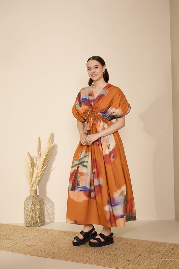 Rust Abstract Printed Cotton Poplin Maxi Dress — GAIMA LABEL