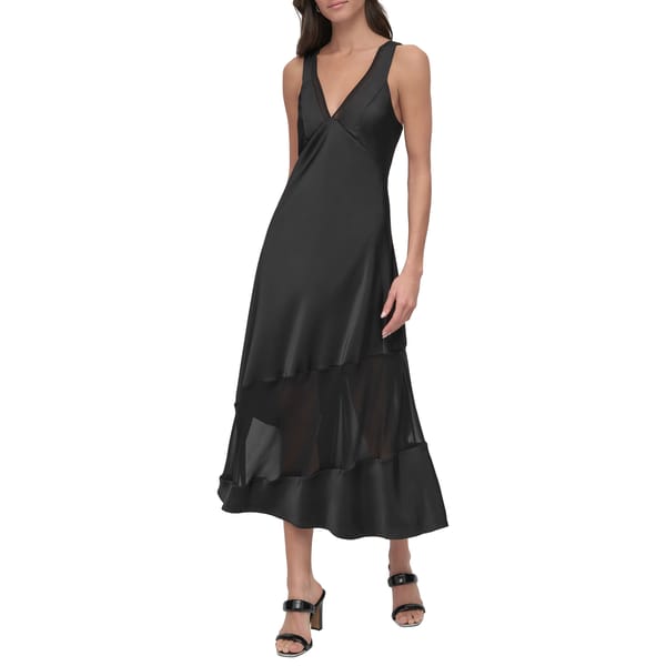 Black Satin Slip Midi Dress with Sheer Hem Panels — DKNY