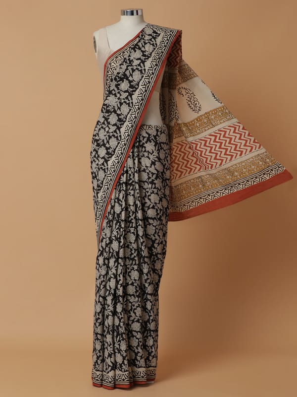 Hand Block Printed Black Cotton Mulmul Rozaana — BINKS