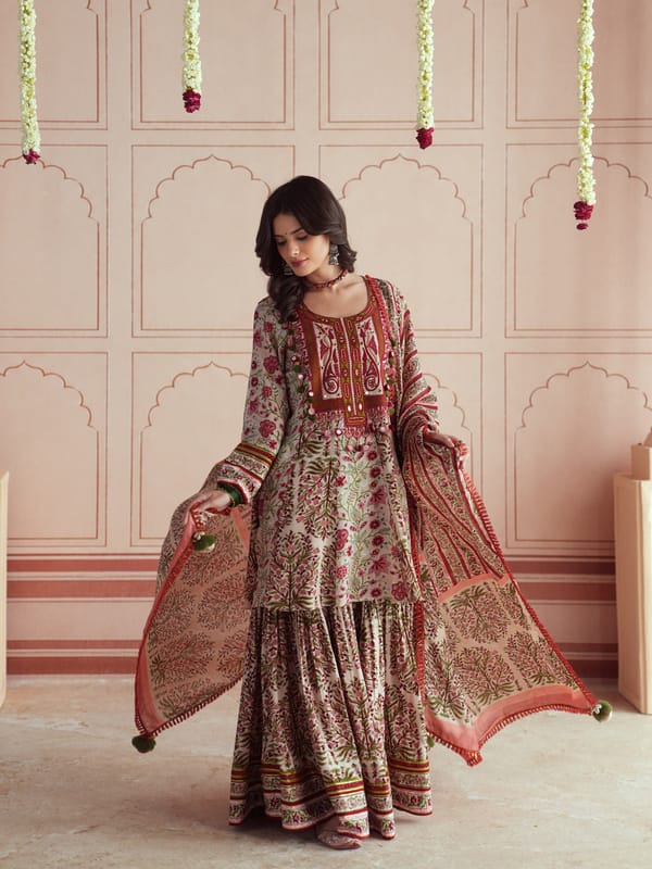 GULRUKH SHORT KALIDAAR KURTA WITH SHARARA & DUPATTA — TASHA INDIA