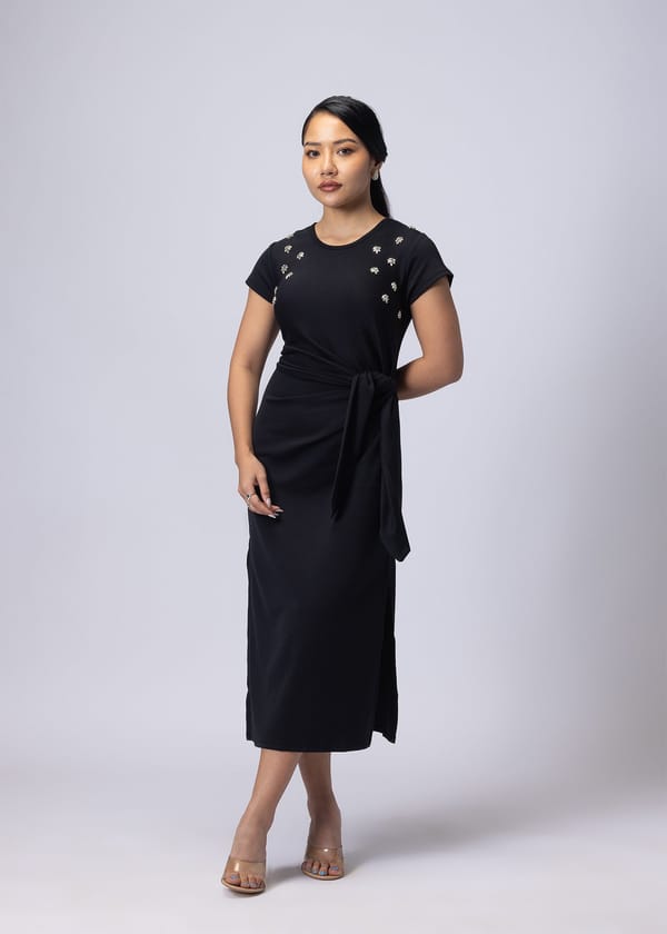Black Maxi Drape-Knot Dress with Rhinestone Neck Detail — Alonge