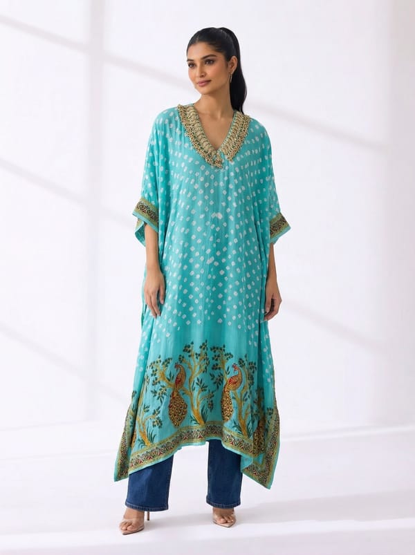 Sky Blue Printed Kaftan with Embellished V-Neck — 5 Elements