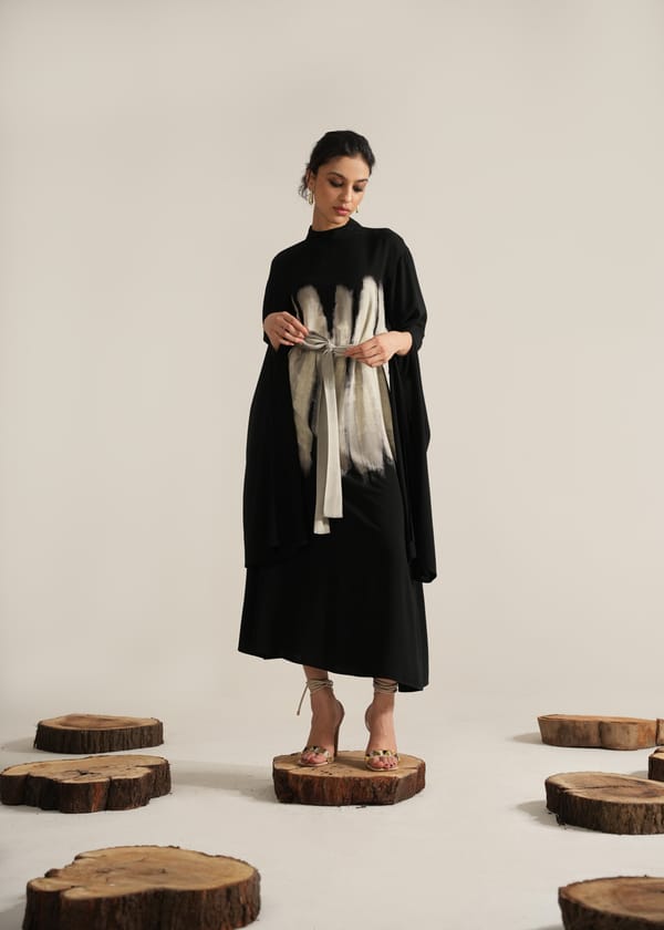 Black and White Tie-Dye Belted Maxi Dress with Cape Sleeves — DORABI