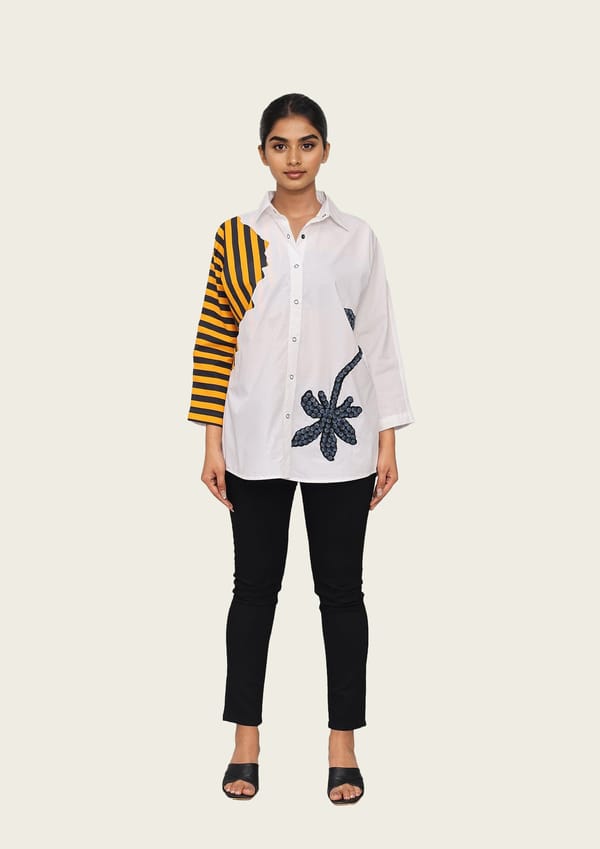 White and Stripe Combo Cotton Shirt with Embroidery — Richa Goenka