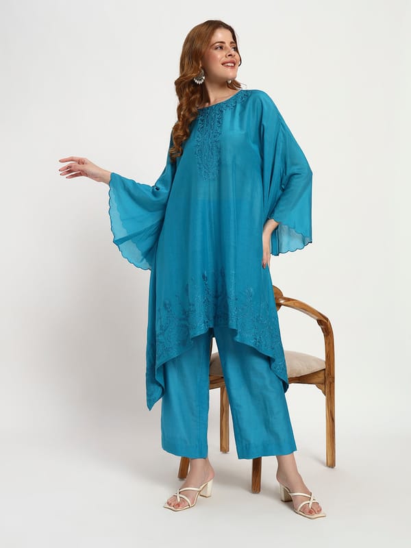 Teal Blue Cotton-Silk Kaftan Set — Gotta Kinari