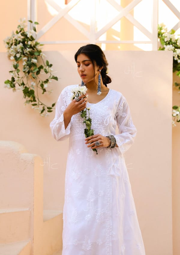Nazakat Chikankari Angrakha With Inner - White — House Of Chikankari