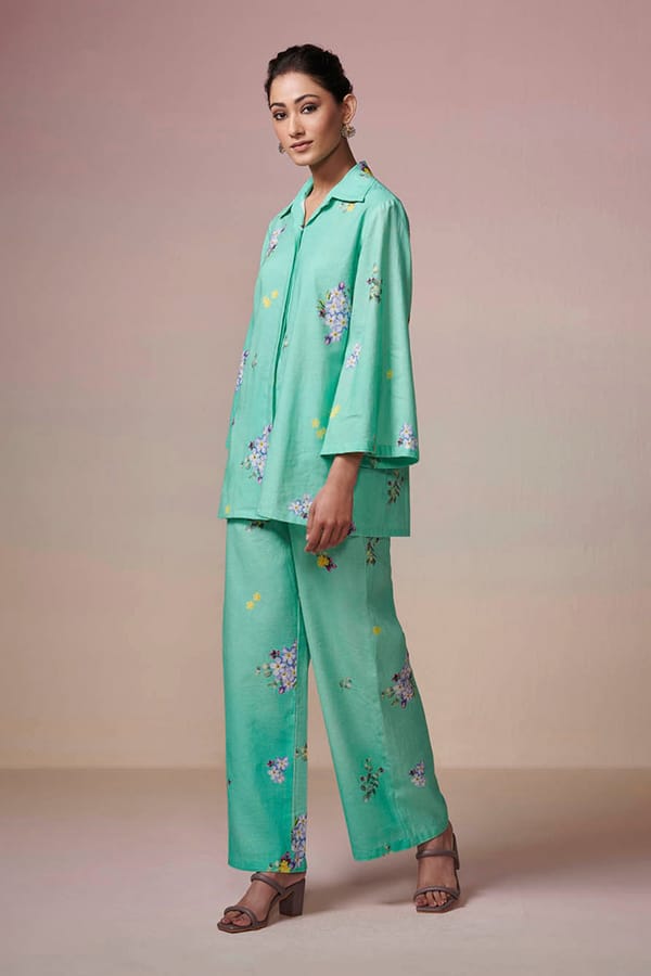 Mint Green Floral Shirt and Wide-Leg Pants Co-ord Set — Dressfolk