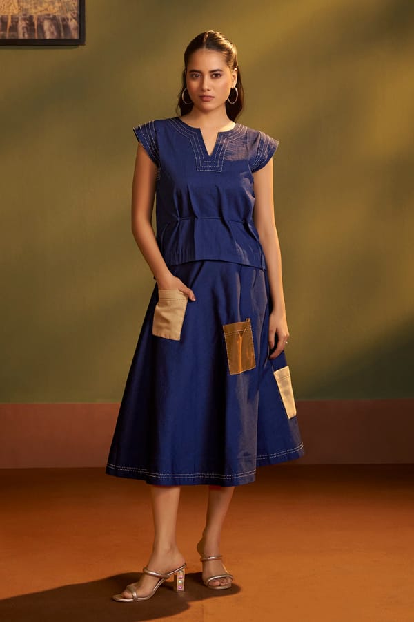 Blue Denim Top and A-Line Midi Skirt Co-ord Set — Savaaya