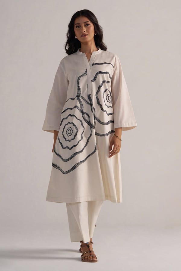 Cream and Black Abstract Print Kurta and Pants Co-ord Set — Ganga Fashions Pvt Ltd