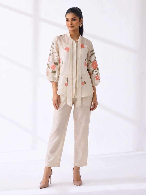Beige Tissue Organza Floral Shirt and Pants Co-ord Set — RUCHIKA  MALLIKA LABEL