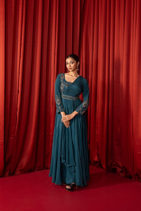 Dark Teal Green Embellished Maxi Gown — QUNIC