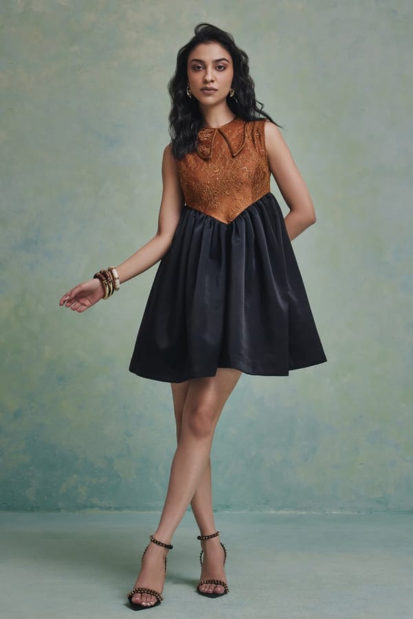 Black and Gold Two-Tone Lace Bodice Mini Dress — Zabella