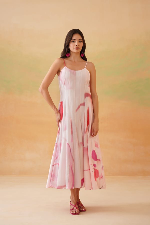 Baby Pink Abstract Floral Panelled Midi Dress — IERA