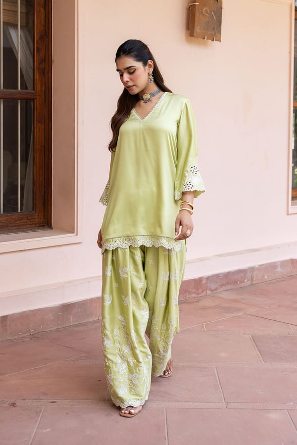 Green Cutwork Tunic and Farshi Pants Co-ord Set — INCHING INDIA