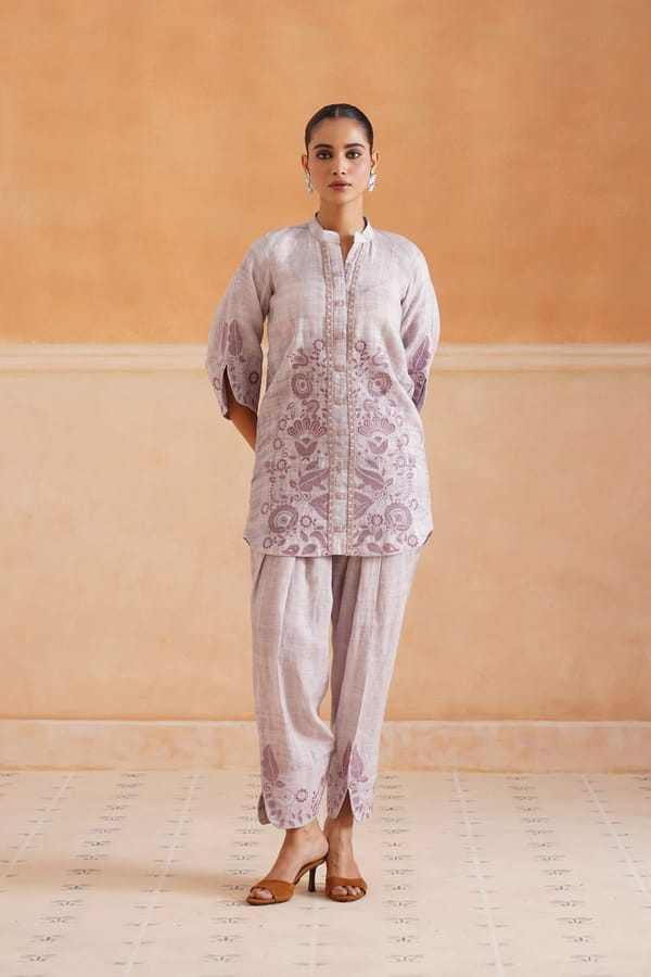 Soft Lilac Linen Embroidered Kurta Co-ord Set — NEETIKA CHOPRA