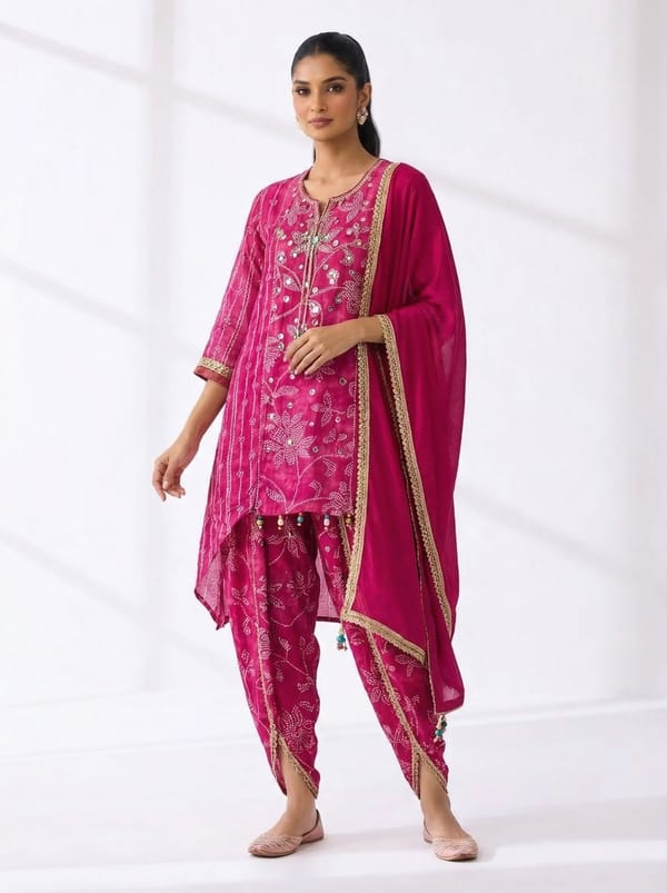 Pink Embroidered Straight Kurta Set with Dhoti and Dupatta — BUMBLEBEE