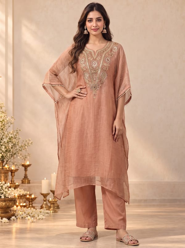 Embroidered Fabric Dabka & Thred Work Set In Peach — LAAVAN JAIPUR