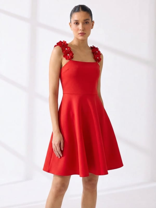 Red Fit and Flare Mini Dress with Floral Strap Detail — OZEQO