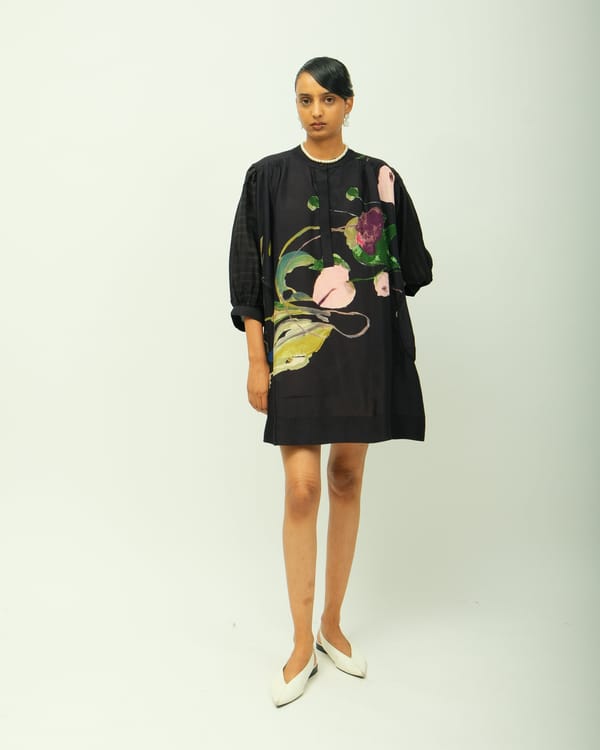 Black Floral Print Anti-Fit Tunic Mini Dress — Ofrida