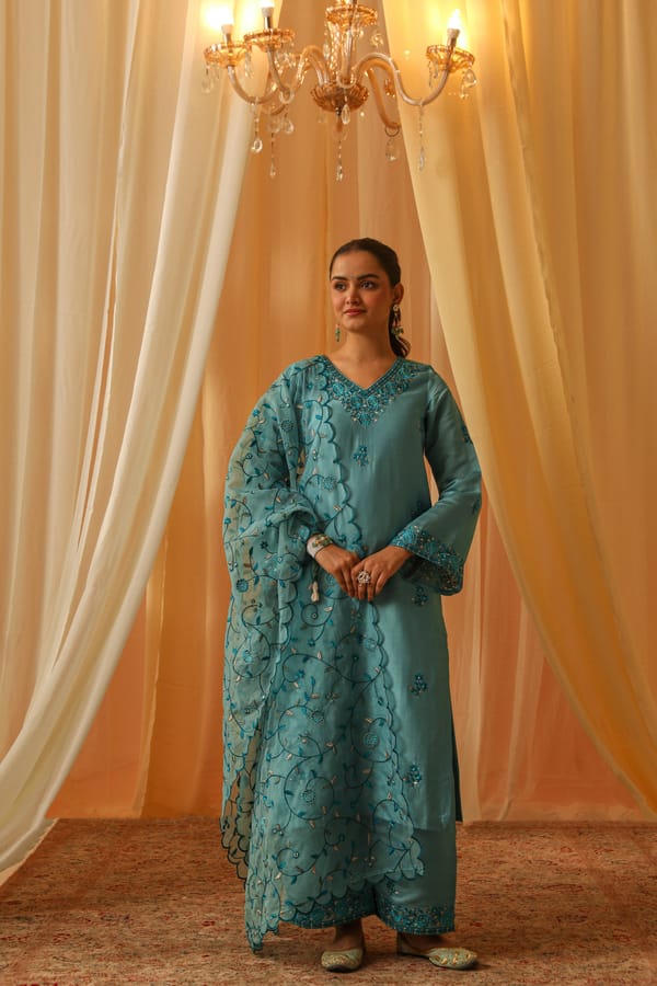 Blue Chanderi Embroidered Suit Set with Organza Dupatta — NARAYANI VASTRA