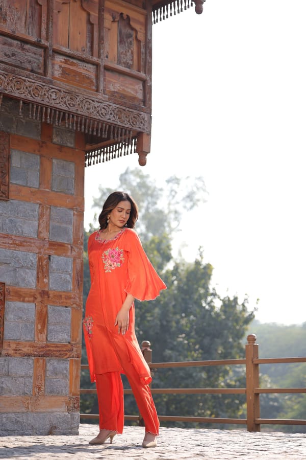 Orange Floral Embroidered Co-Ord Set — Kahani Lush