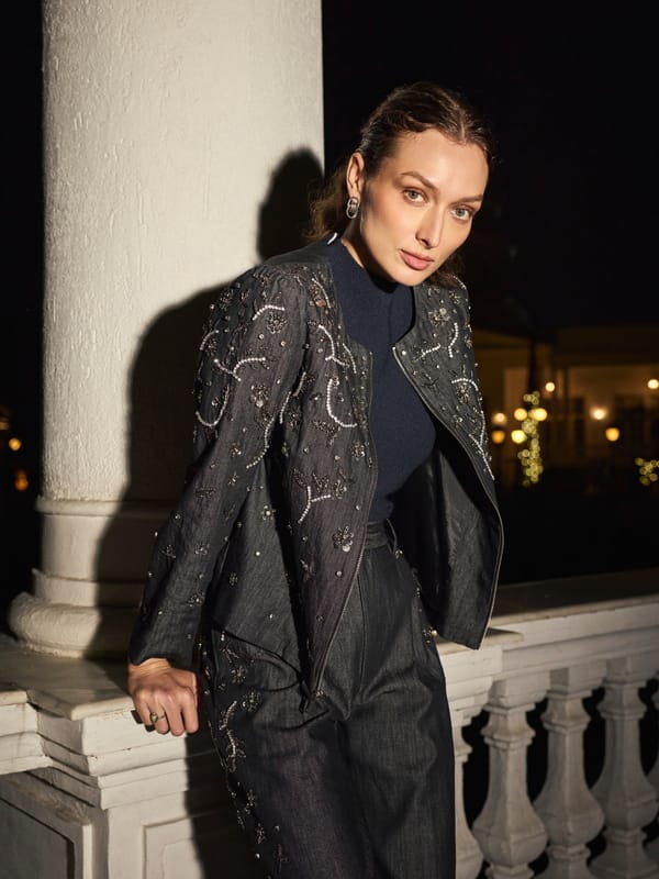 Black Embellished Denim Zip-Front Jacket — Style Island