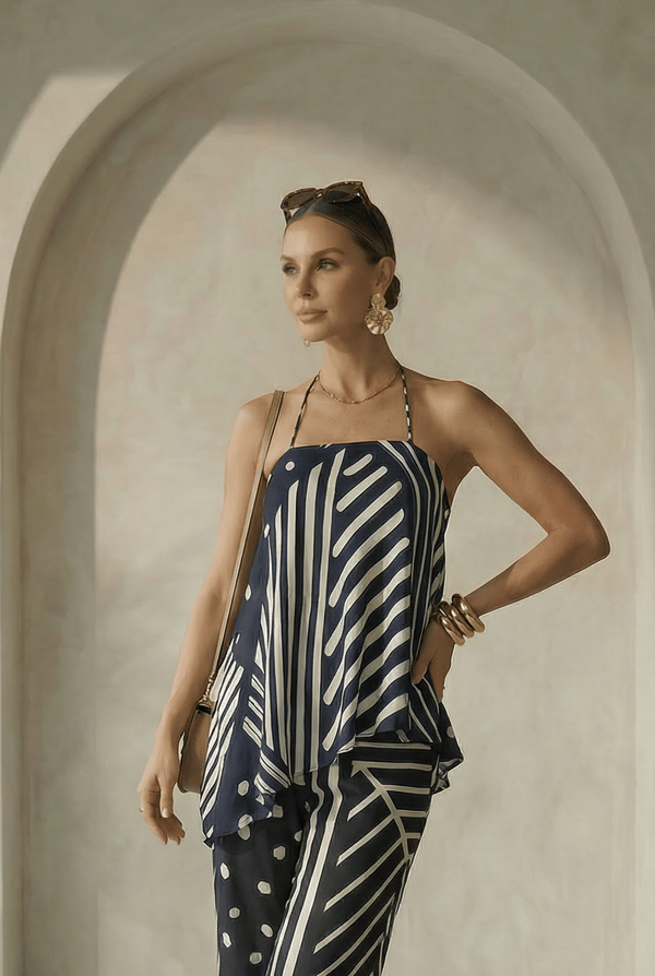 Black and White Printed Halter Neck Asymmetrical Top — Missy Co.