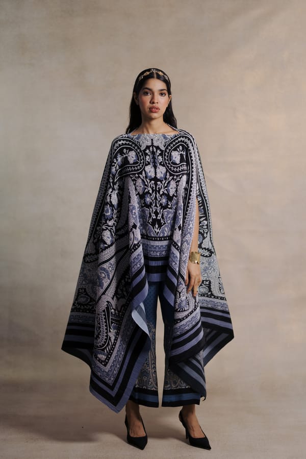 Blue and Black Paisley Printed Pleated Cape — Moh India