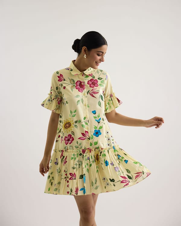 Yellow Floral Printed Tiered Mini Shirt Dress — THE FINICKY COLORIST