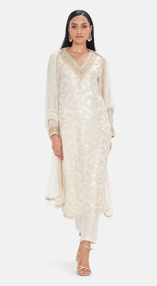Ivory Shimmer Georgette Kurta Set With Dupatta — Basanti Kapde aur Koffee