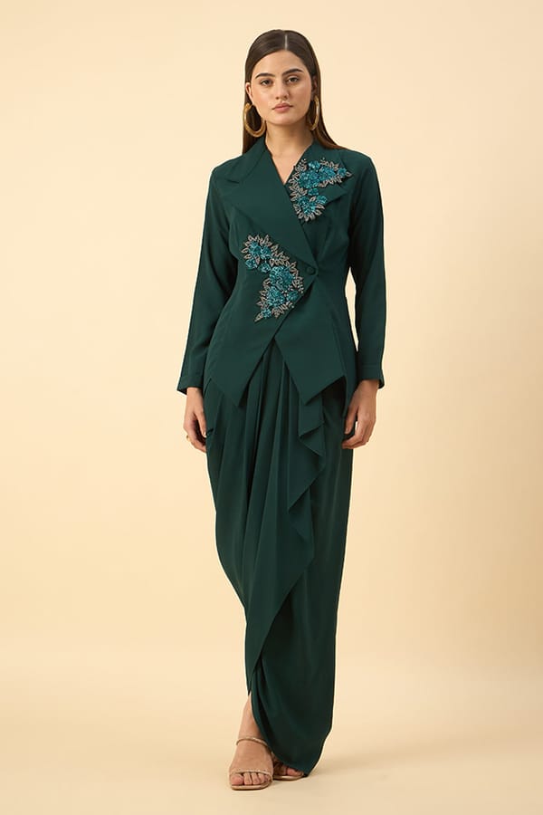 Bottle Green Embroidered Blazer and Draped Skirt Co-ord Set — Aakaar