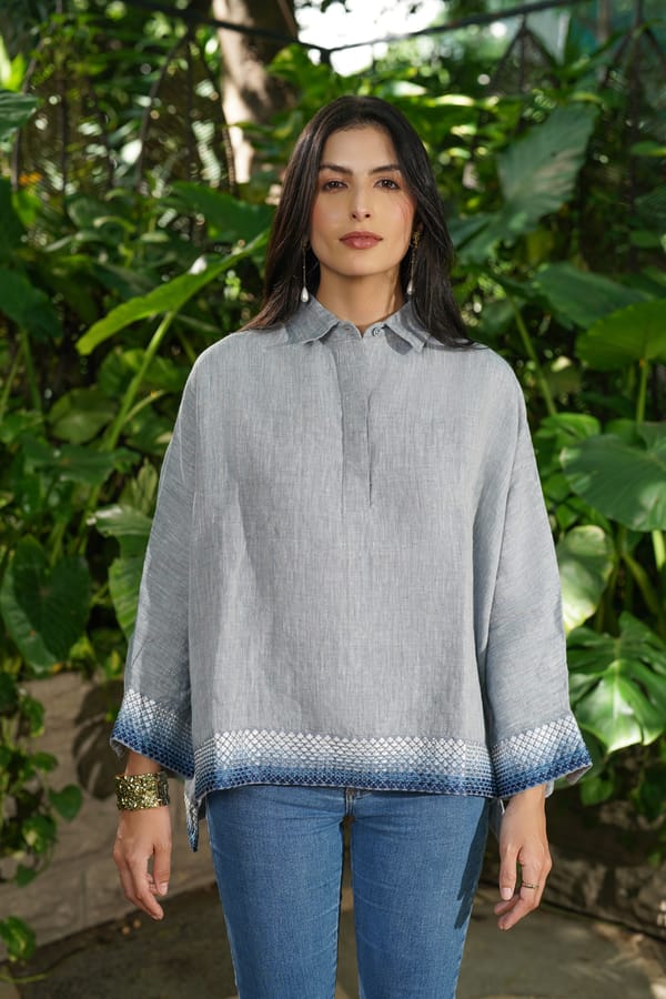 Smoke/Slate Blue Oversized Linen Shirt with Embroidered Hem — AARI