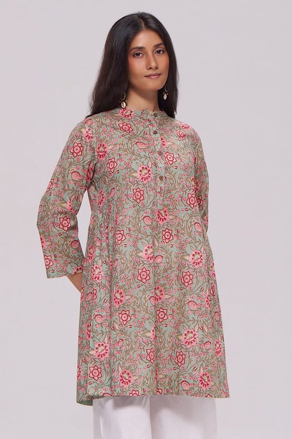 Basil Green and Pink Floral Printed Cambric Cotton Top — Ganga Fashions Pvt Ltd