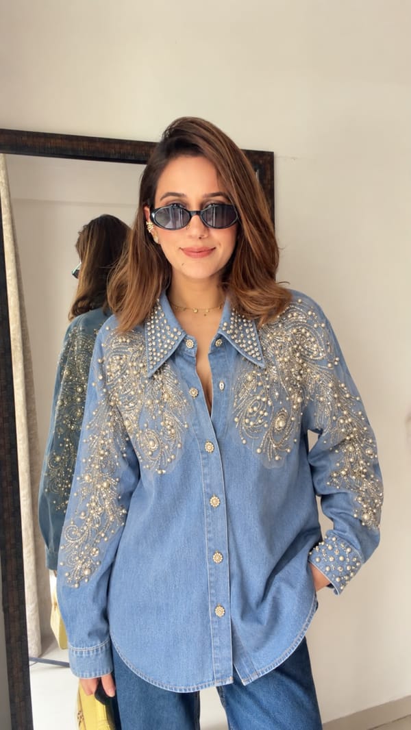 Ice Blue Embellished Denim Shirt — CLOSET AFFAIR